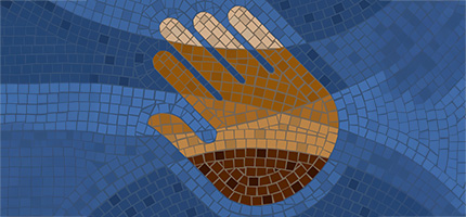 A mosaic of a hand with different shades of brown