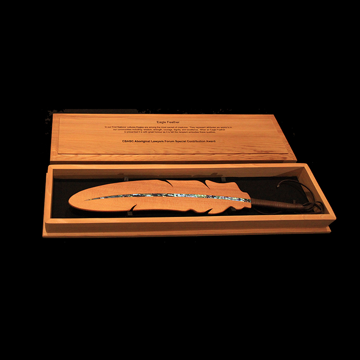 A wood feather given to the ALF Special Contribution Award recipient