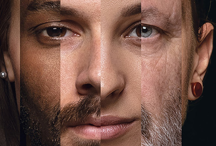 A collage of different faces spliced together to make one face.