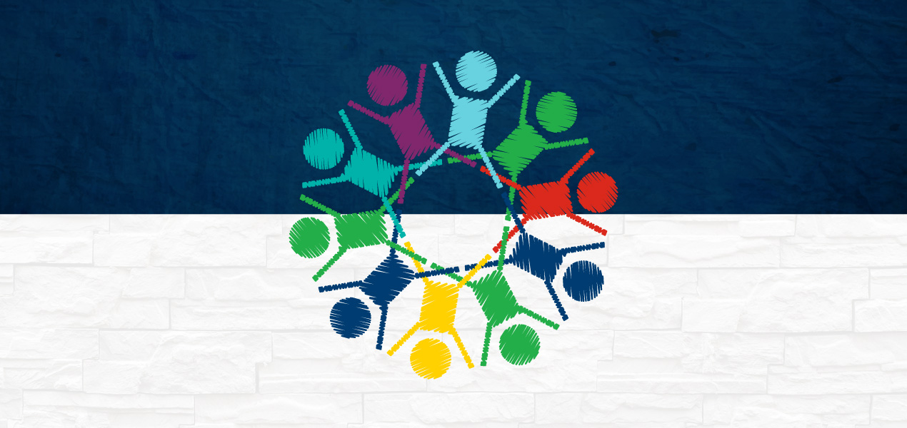 An illustration of 10 stick figures in a circle on top of a two-toned background.