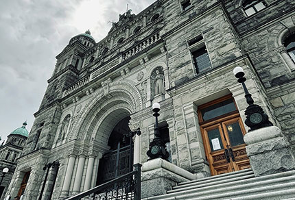 The exterior of the BC Legislature building.