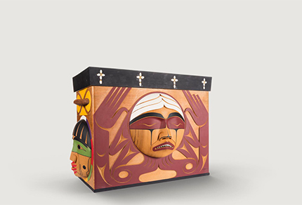 The wood box containing all of the stories compiled for the Truth & Reconciliation Commission.