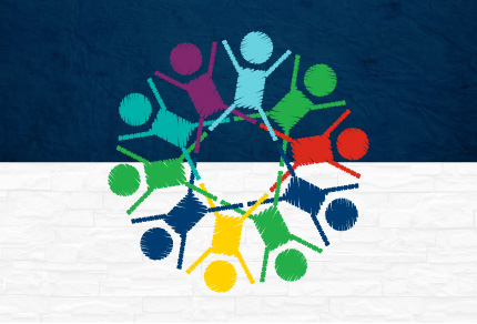 An illustration of 10 stick figures in a circle on top of a two-toned background.