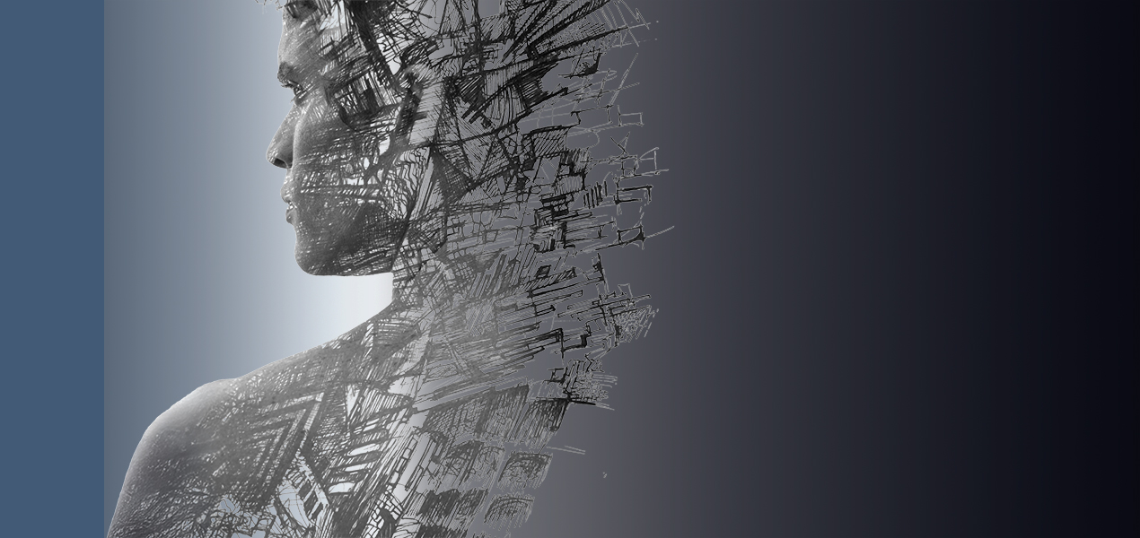 A complex pencil drawing of a person looking out in the distance.