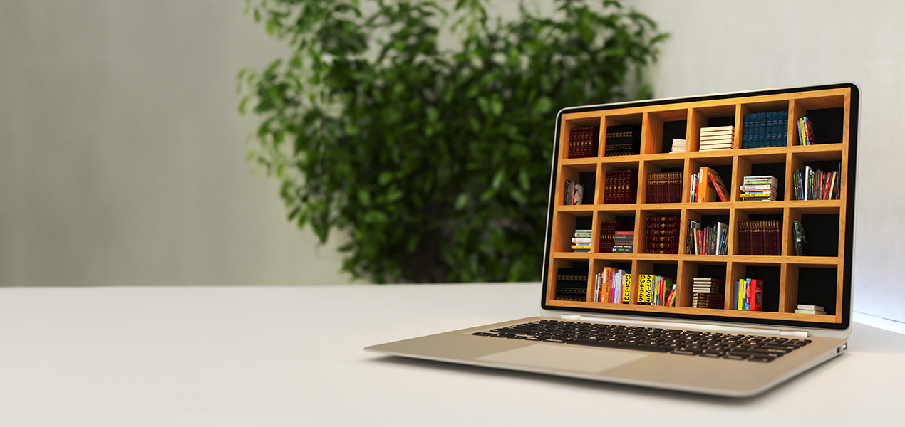 A stylize laptop with a library on the screen.