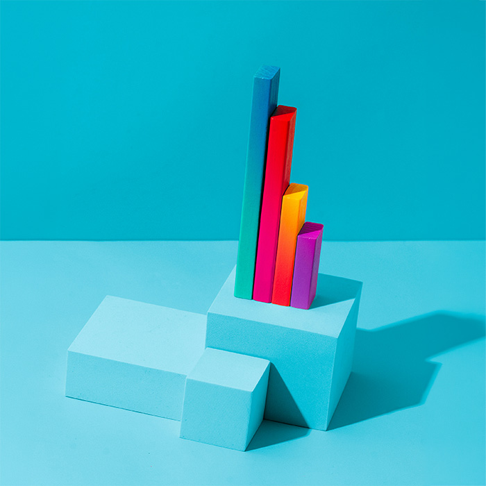 A 3D graphic of a bar chart. 