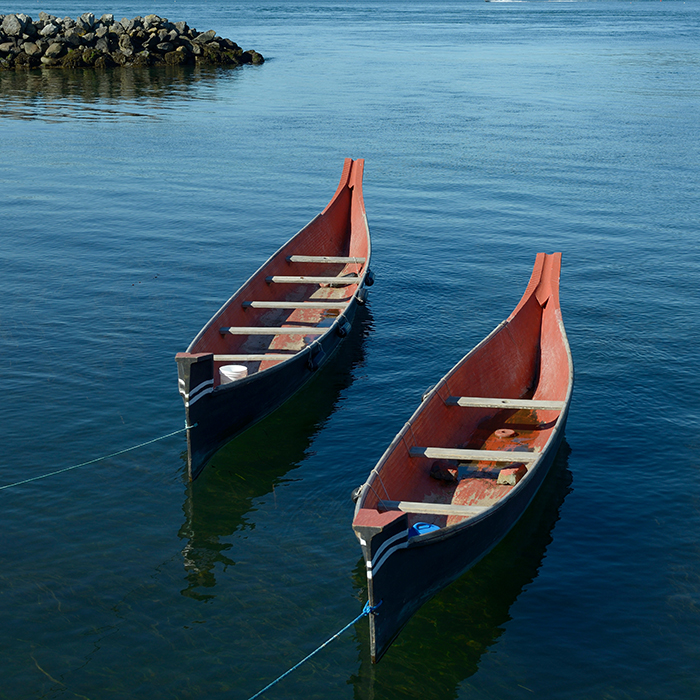 Two Indigenous canoes resting on the shore of the Pacific Ocean.