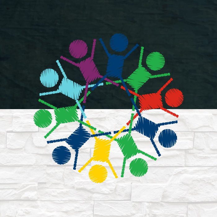 An illustration of 10 stick figures in a circle on top of a two-toned background.