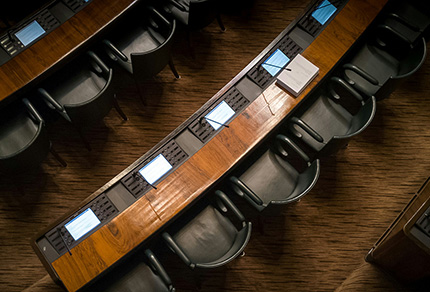 An aerial view of a conference seating area.
