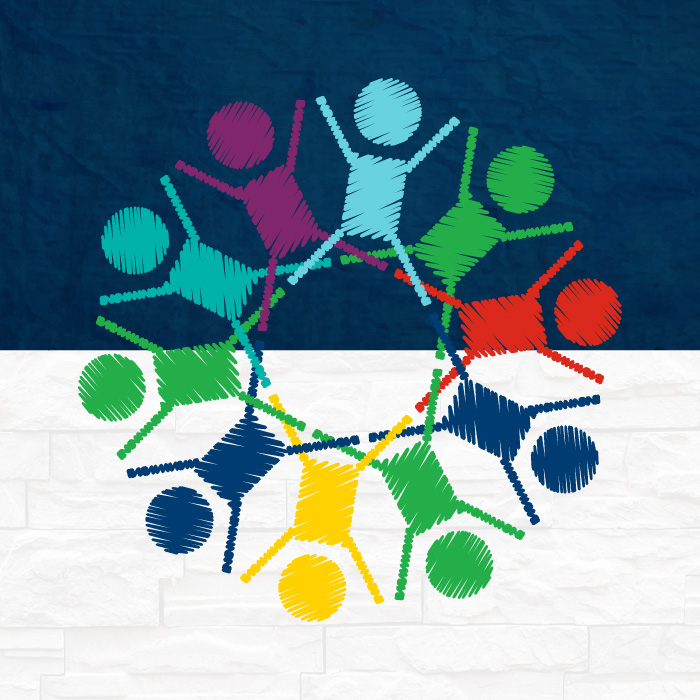 An illustration of 10 stick figures in a circle on top of a two-toned background.